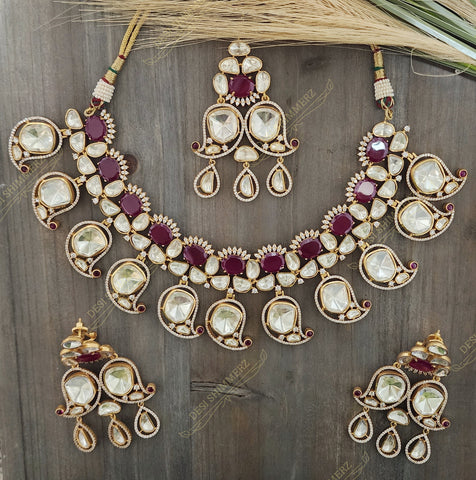 Hasmitha Premium Moissanite Kundan Necklace and Earrings Set